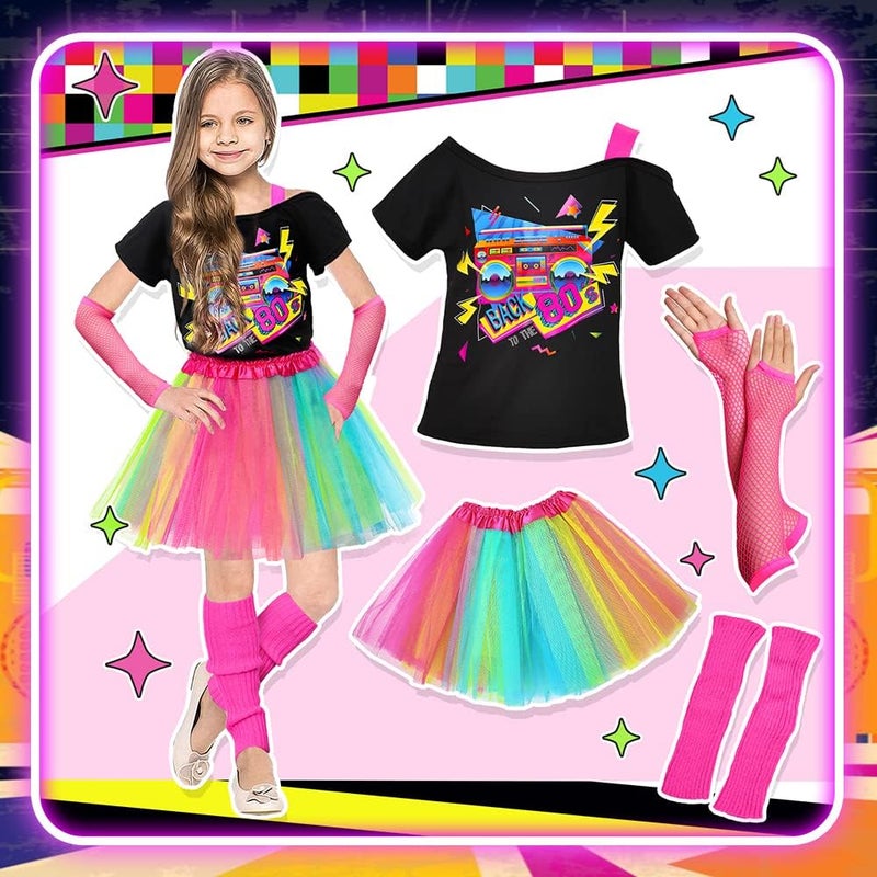 Tacobear 14Pcs Kids 80s Costume 5T-14 Accessories Set Halloween Party Fancy Outfits Cosplay 1980s Theme Retro Hop Hip Party for Girls Teen Tween Teenager 6 7 8 9 10 11 12 13 - Image 4